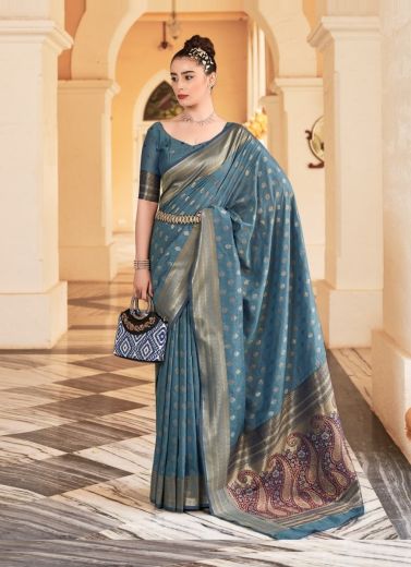 Steel Blue Banarasi Cotton Silk Weaving Festive-Wear Saree