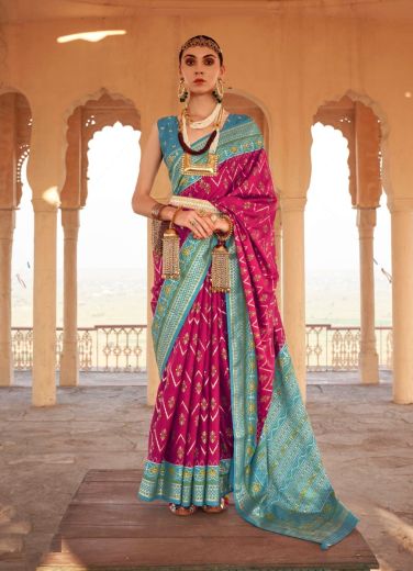Magenta & Sky Blue Patola Silk Weaving Party-Wear Saree