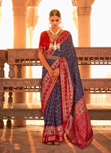 Navy Blue & Wine Red Patola Silk Weaving Party-Wear Saree