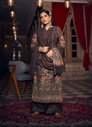 Dark Brown Georgette With Embroidery & Digitally Printed Festive-Wear Straight-Cut Salwar Kameez