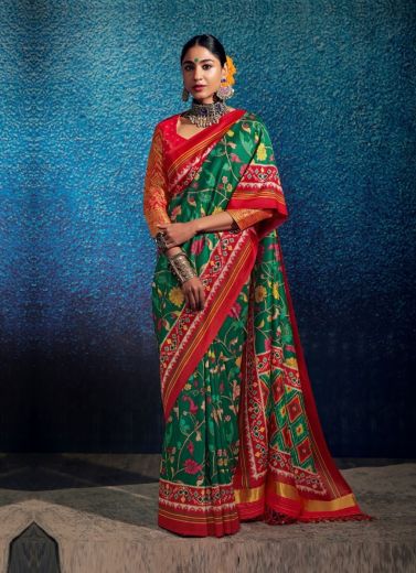 Green & Red Patola Silk Weaving Festive-Wear Saree
