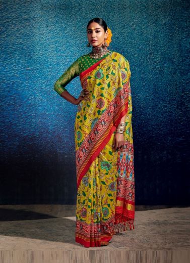 Yellow & Green Patola Silk Weaving Festive-Wear Saree
