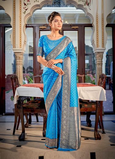 Dark Sky Blue Soft Silk Weaving Festive-Wear Saree