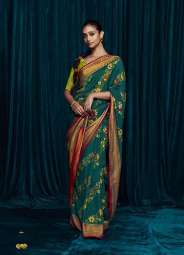 Teal Blue Brasso Weaving Party-Wear Saree