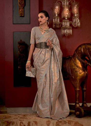 Light Gray Silk Party-Wear Saree With Zari Weaving