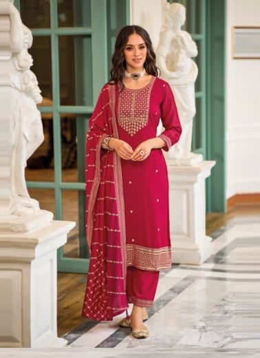Pink Red Silk Embroidered Karwa-Chauth Special Readymade Salwar Kameez
