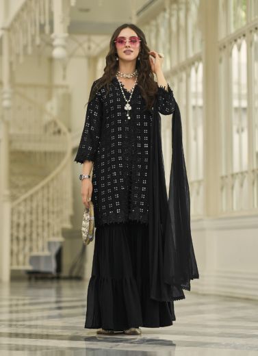 Black Faux Georgette Mirror-Work Party-Wear Pakistani Readymade Salwar Kameez