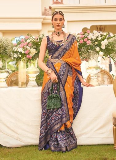Orange & Blue Patola Silk Printed Saree For Traditional / Religious Occasions