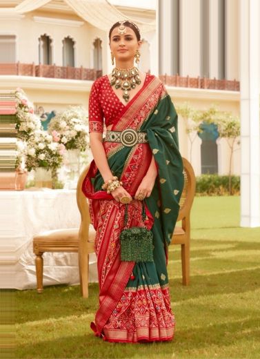 Green & Red Patola Silk Printed Saree For Traditional / Religious Occasions