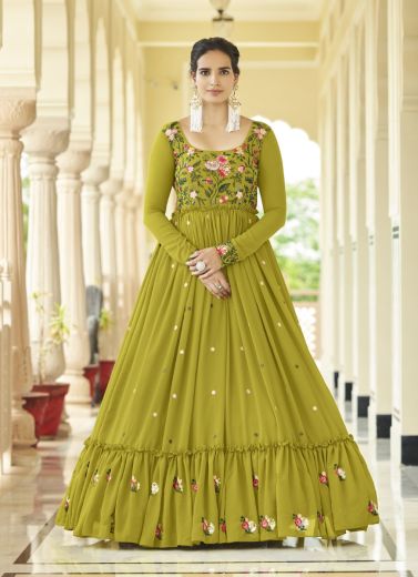 Olive Yellow Georgette Sequins-Work Party-Wear Floor-Length Gown