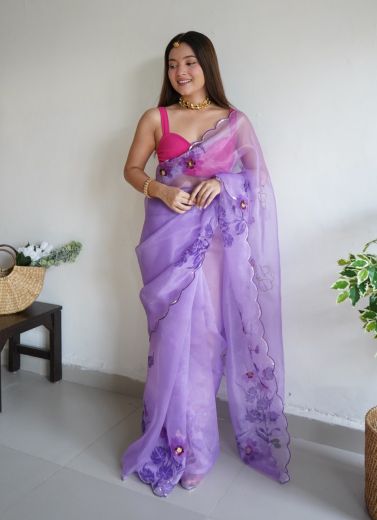 Light Purple Organza Aari-Work Party-Wear Boutique-Style Saree