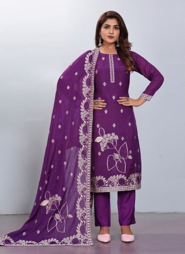 Purple Jacquard Viscose Embroidered Festive-Wear Pant-Bottom Readymade Salwar Kameez