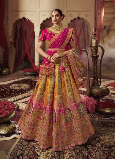 Orange & Magenta Banarasi Silk Handworked Wedding-Wear Bridal Lehenga Choli