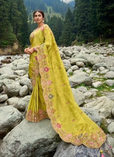 Lime Yellow Silk Hand Embroidered Wedding-Wear Saree