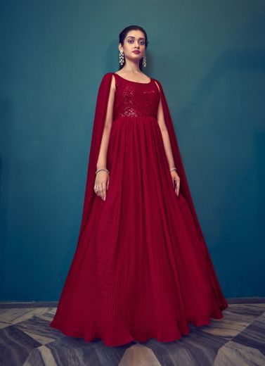 Crimson Red Georgette Thread, Embroidery & Sequins-Work Party-Wear Readymade Gown With Dupatta