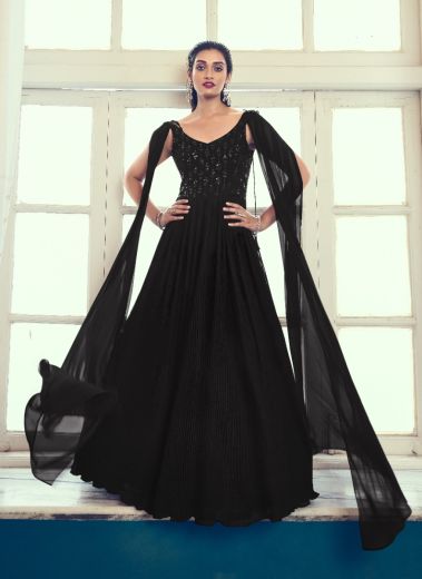 Black Georgette Thread, Embroidery & Sequins-Work Party-Wear Readymade Gown With Dupatta