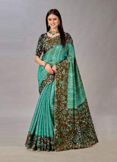 Teal Blue Silk Viscose Printed Saree For Traditional / Religious Occasions