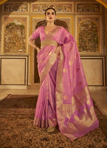 Hot Pink Banarasi Tissue Silk Zari Weaving Festive-Wear Saree
