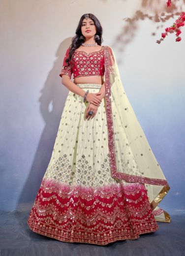 Bone White & Crimson Red Chinon Sequins-Work Party-Wear Lehenga Choli [With Can-Can]