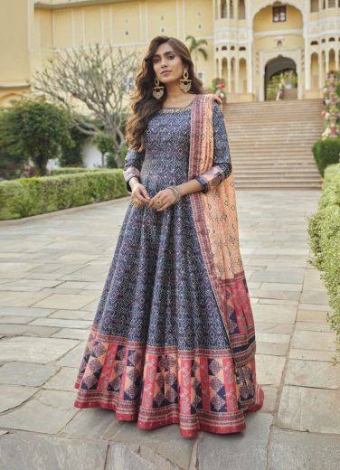 Blue Silk Bandhani Printed Party-Wear Readymade Gown With Dupatta