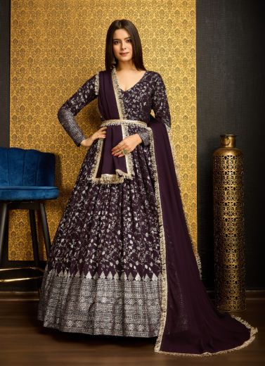 Dark Wine Georgette Foil-Work Party-Wear Readymade Gown With Dupatta [With Belt]