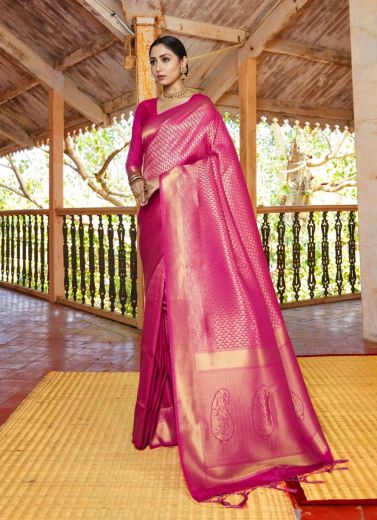 Purplish Red Pure Woven Silk Handloom Saree For Traditional / Religious Occasions