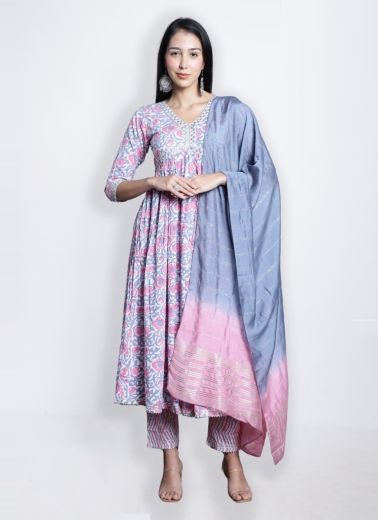 Light Blue & Pink Pure Cotton Printed Summer-Wear Readymade Pant-Bottom Salwar Kameez