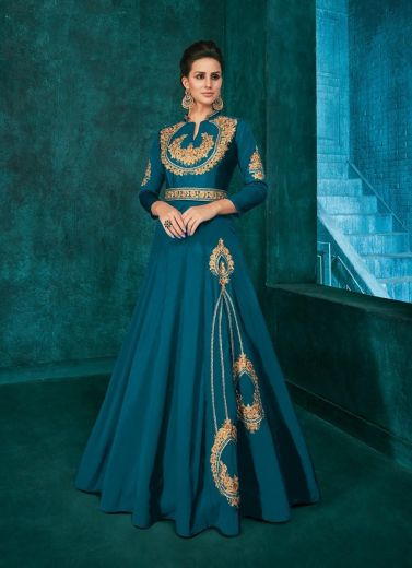 Sea Blue Silk Embroidered Party-Wear Readymade Floor-Length Gown