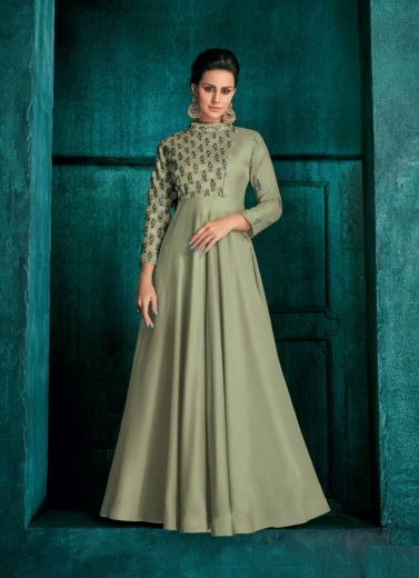 Sage Green Silk Embroidered Party-Wear Readymade Floor-Length Gown