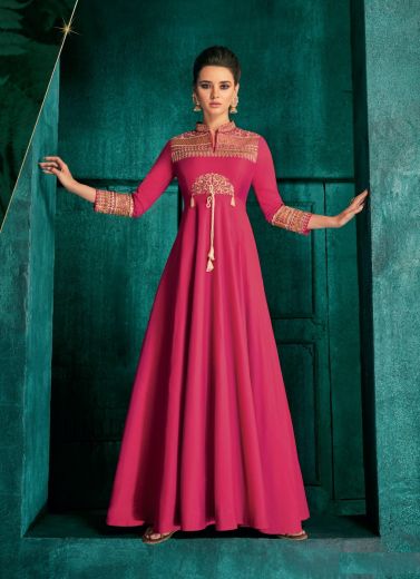 Dark Pink Silk Embroidered Party-Wear Readymade Floor-Length Gown