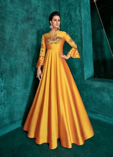 Orange Silk Embroidered Party-Wear Readymade Floor-Length Gown