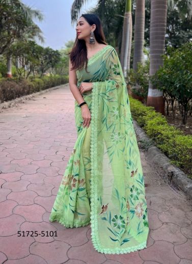 Light Green Shimmer Georgette Floral Digitally Printed Saree For Kitty Parties