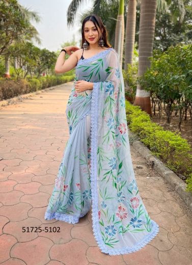 Light Blue Shimmer Georgette Floral Digitally Printed Saree For Kitty Parties