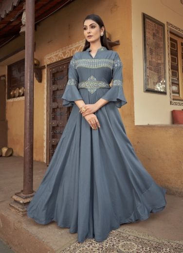 Steel Blue Muslin Embroidered Festive-Wear Floor-Length Readymade Gown