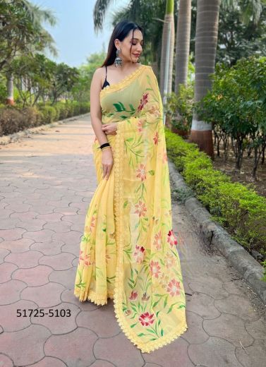 Yellow Shimmer Georgette Floral Digitally Printed Saree For Kitty Parties