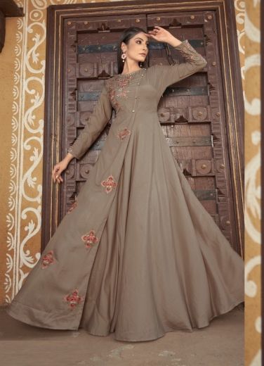 Brownish Gray Muslin Embroidered Party-Wear Readymade Floor-Length Gown