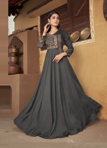 Black Muslin Embroidered Party-Wear Readymade Floor-Length Gown