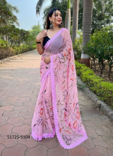 Pink Shimmer Georgette Floral Digitally Printed Saree For Kitty Parties
