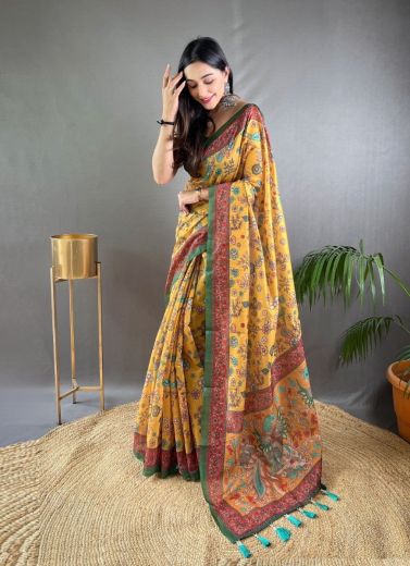 Marigold Pure Malai Cotton Silk Printed Festive-Wear Saree