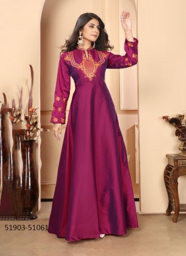 Purple Silk Embroidered Floor-Length Readymade Gown For Traditional / Religious Occasions