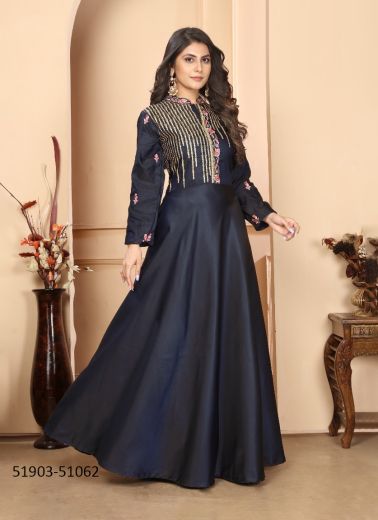 Dark Navy Blue Silk Embroidered Floor-Length Readymade Gown For Traditional / Religious Occasions
