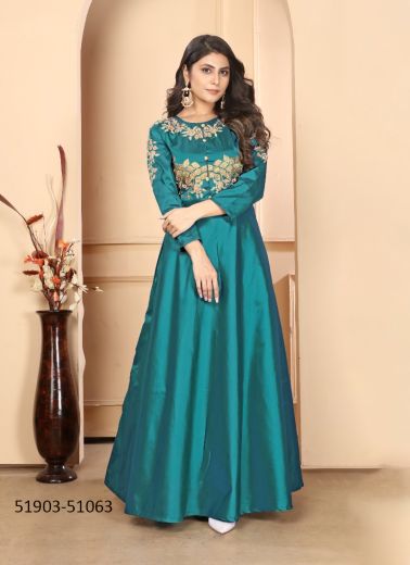 Teal Blue Silk Embroidered Floor-Length Readymade Gown For Traditional / Religious Occasions