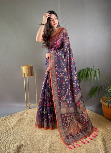 Dark Violet Pure Malai Cotton Silk Printed Festive-Wear Saree