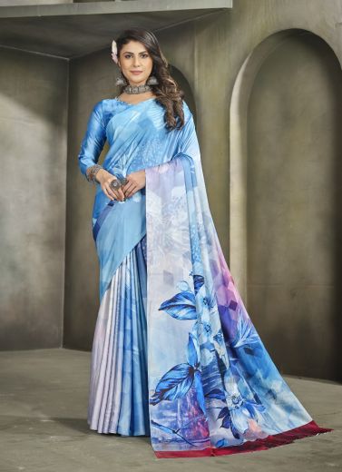 Sky Blue Crape Digitally Printed Festive-Wear Vibrant Saree