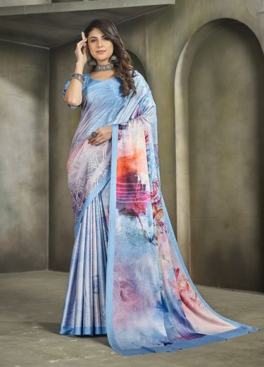 Light Blue Crape Digitally Printed Festive-Wear Vibrant Saree