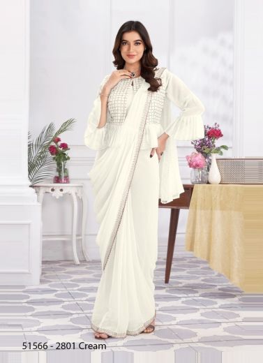Light Cream Shimmer Georgette Embroidered Ready-To-Wear Saree For Parties