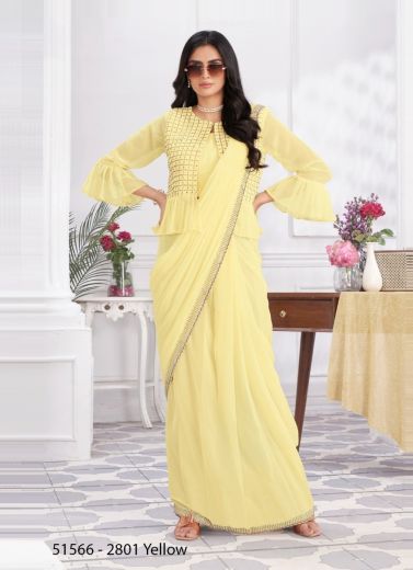 Yellow Shimmer Georgette Embroidered Ready-To-Wear Saree For Parties