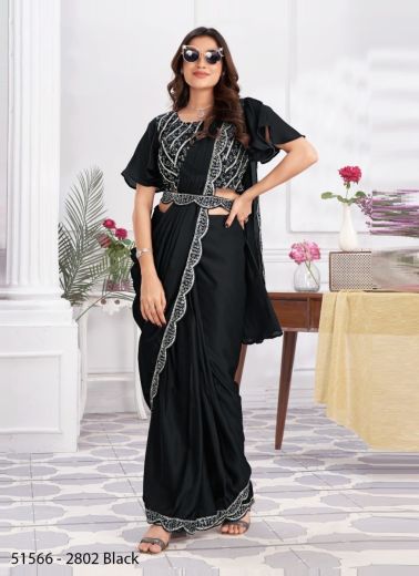 Black Shimmer Georgette Embroidered Ready-To-Wear Saree For Parties