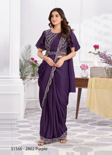 Dark Purple Shimmer Georgette Embroidered Ready-To-Wear Saree For Parties