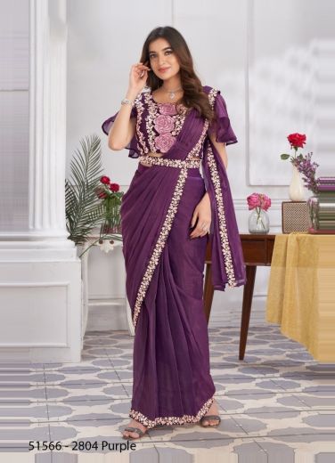 Purple Shimmer Georgette Embroidered Ready-To-Wear Saree For Parties